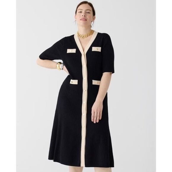 J.CREW Dresses & Skirts - NWT J.Crew Ribbed Knit Dress Black Cream Trim Button Front Midi Size Large